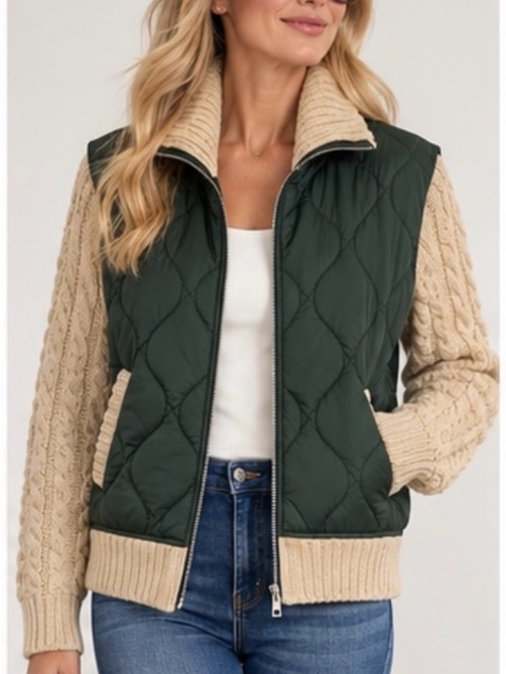 Greylin Forest Green Quilted Bomber with Cream Cable-Knit Sleeves